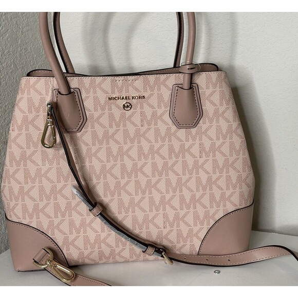 Michael Kors Mercer Gallery Medium Center Zip MK Logo‎ Tote Bag Brown/Pink - Picture 1 of 5